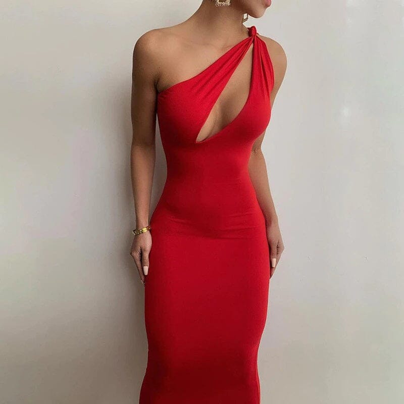 Women Elegant One Shoulder Cutout Bodycon Party Clubwear Midi Dress jehouze Red S 