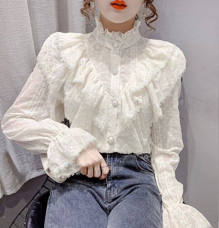 Women Elegant Ruffle Stitching Lace Casual Chiffon Stand Collar Victorian Long Sleeve Button Down Blouse Tops_ jehouze Apricot S 