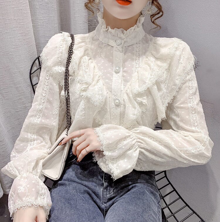 Women Elegant Ruffle Stitching Lace Casual Chiffon Stand Collar Victorian Long Sleeve Button Down Blouse Tops_ jehouze White S 