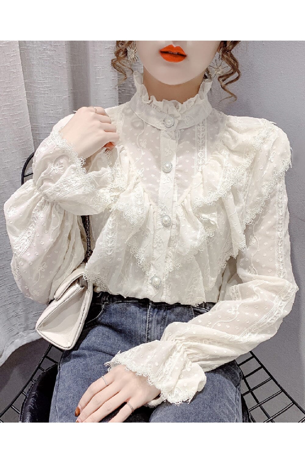 Women Elegant Ruffle Stitching Lace Casual Chiffon Stand Collar Victorian Long Sleeve Button Down Blouse Tops_ jehouze White S 