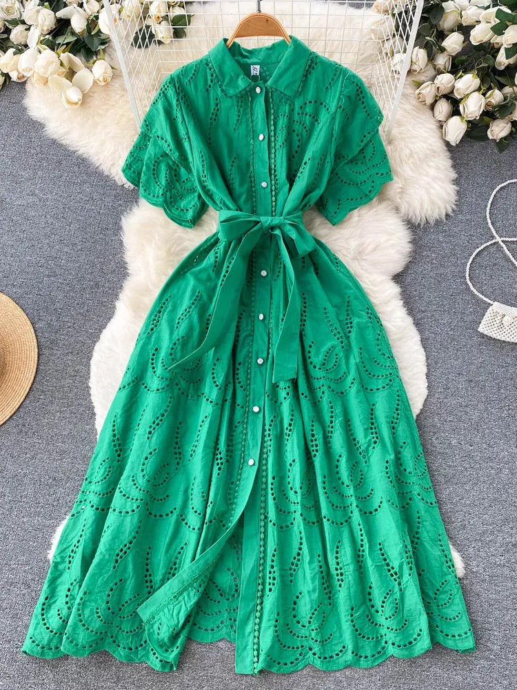Women Embroidery Eyelet Short Sleeve Button Down Belted A Line Midi Dress Dresses jehouze Green ONE SIZE 