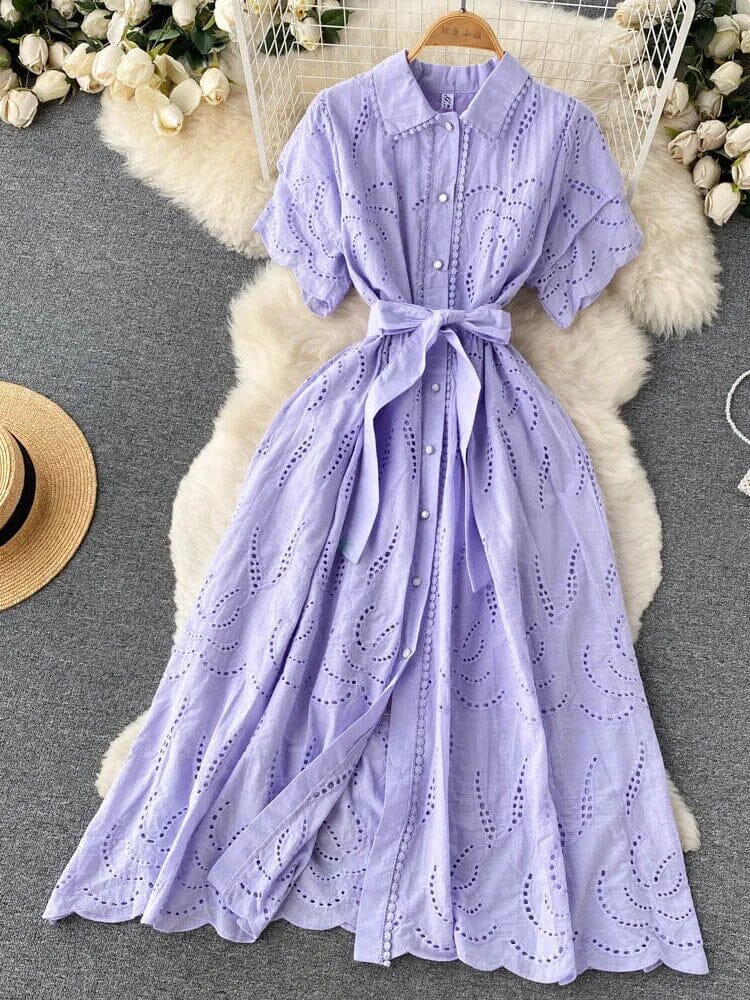 Women Embroidery Eyelet Short Sleeve Button Down Belted A Line Midi Dress Dresses jehouze Purple ONE SIZE 