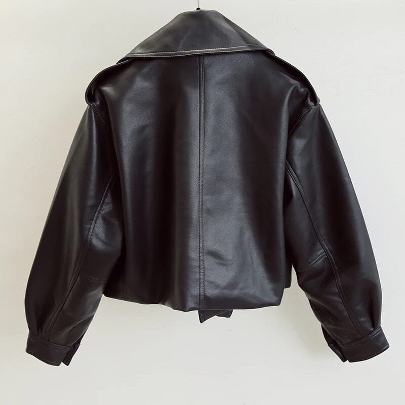 Women Faux Leather Short Moto Jacket Turndown Collar PU Motorcycle Biker Coat_ jehouze 