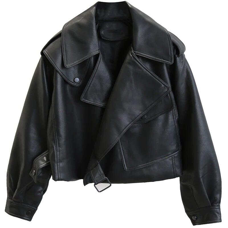 Women Faux Leather Short Moto Jacket Turndown Collar PU Motorcycle Biker Coat_ jehouze Black S 