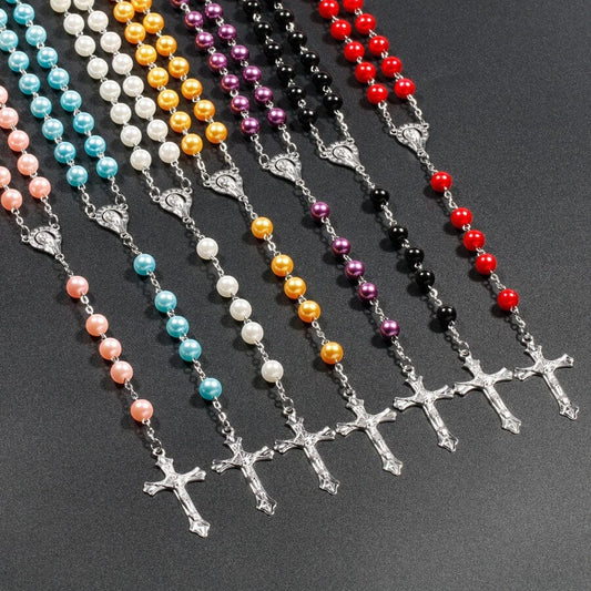 Women Faux Pearl Cross pendant Long Beads chains Rosary Necklace_ Jewelry jehouze 
