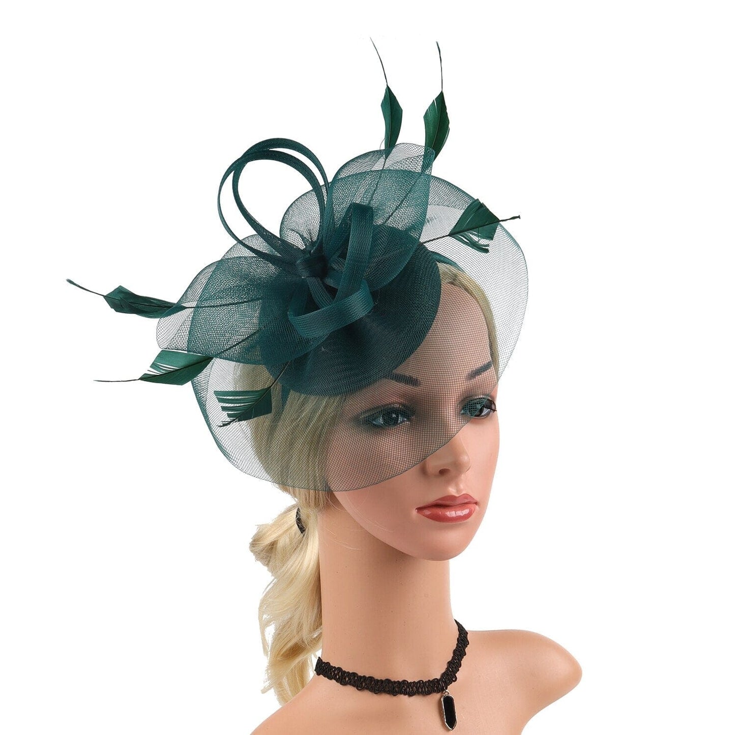 Women Feather Fascinator Kentucky Derby Pillbox Hat Mesh High Tea Headband Hat jehouze Dark Green 