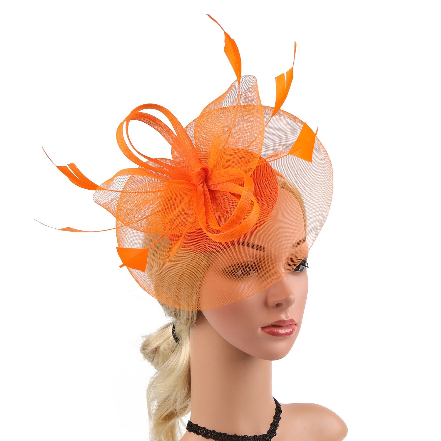 Women Feather Fascinator Kentucky Derby Pillbox Hat Mesh High Tea Headband Hat jehouze Orange 
