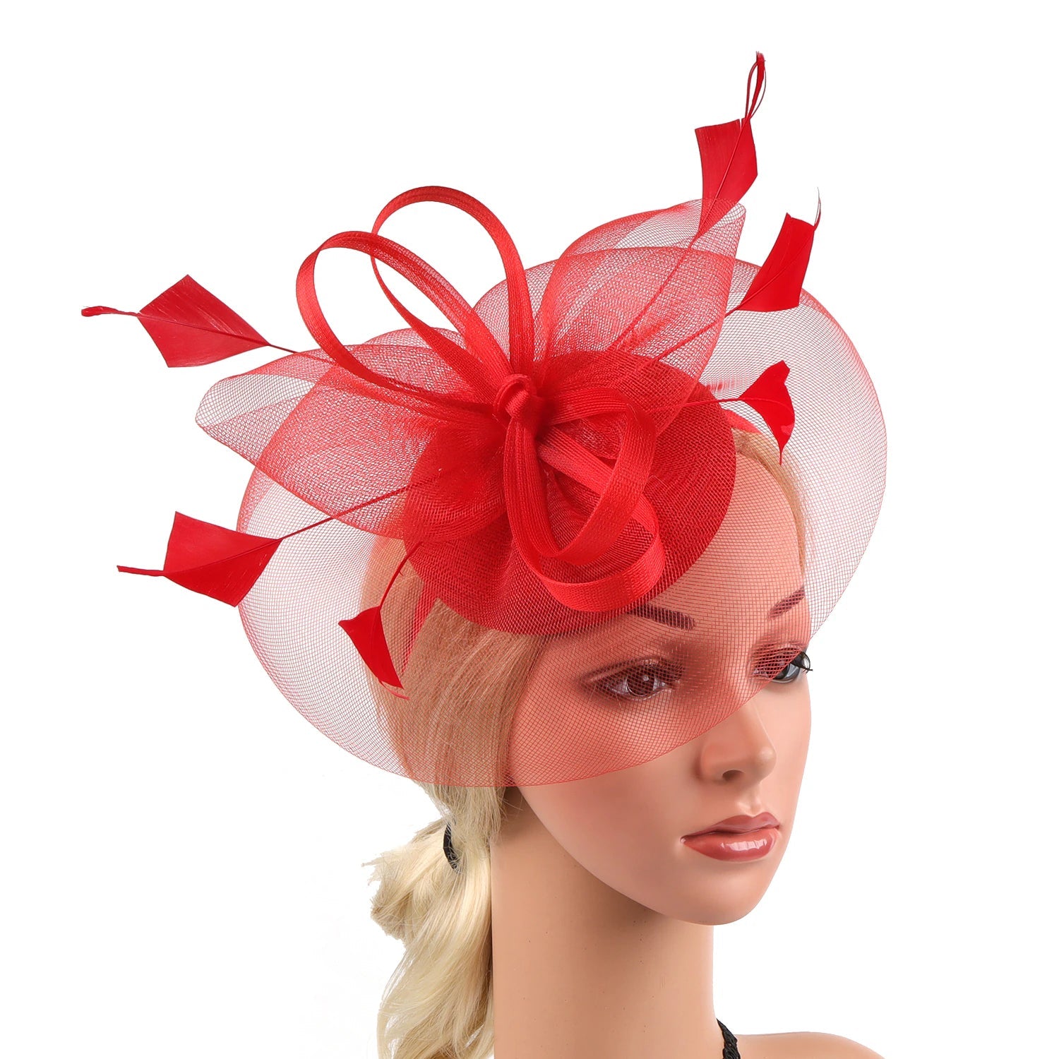 Women Feather Fascinator Kentucky Derby Pillbox Hat Mesh High Tea Headband Hat jehouze Red 