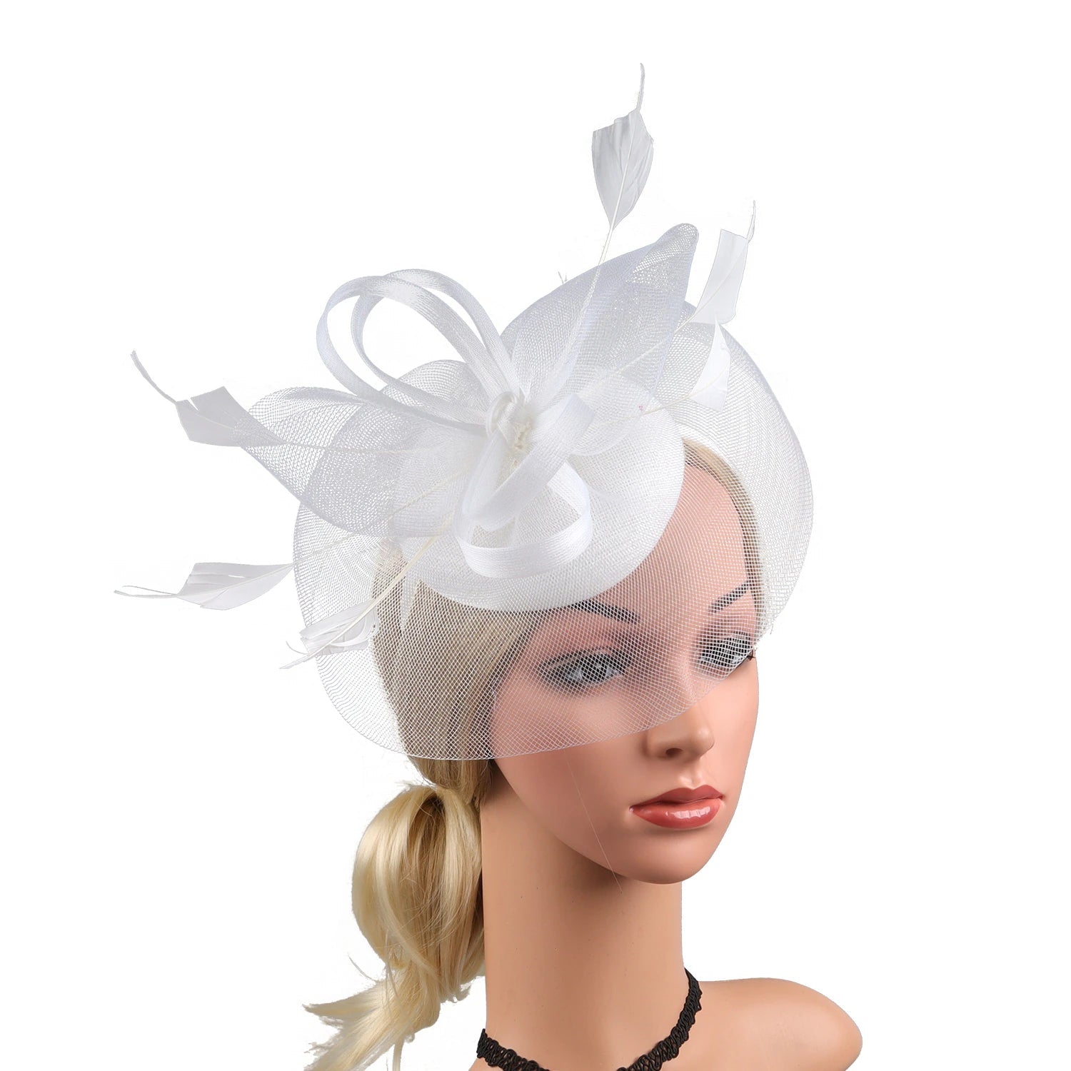 Women Feather Fascinator Kentucky Derby Pillbox Hat Mesh High Tea Headband Hat jehouze White 