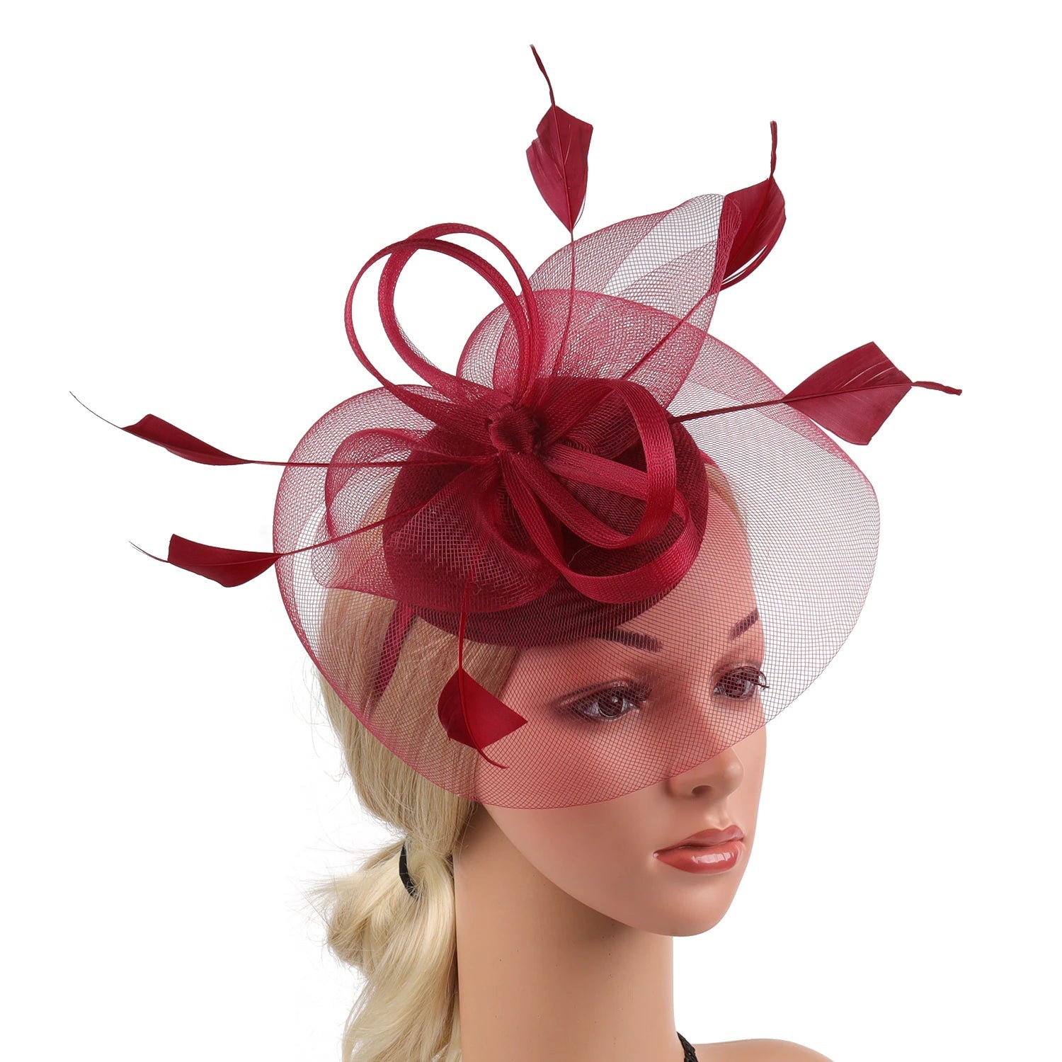 Women Feather Fascinator Kentucky Derby Pillbox Hat Mesh High Tea Headband Hat jehouze Wine Red 
