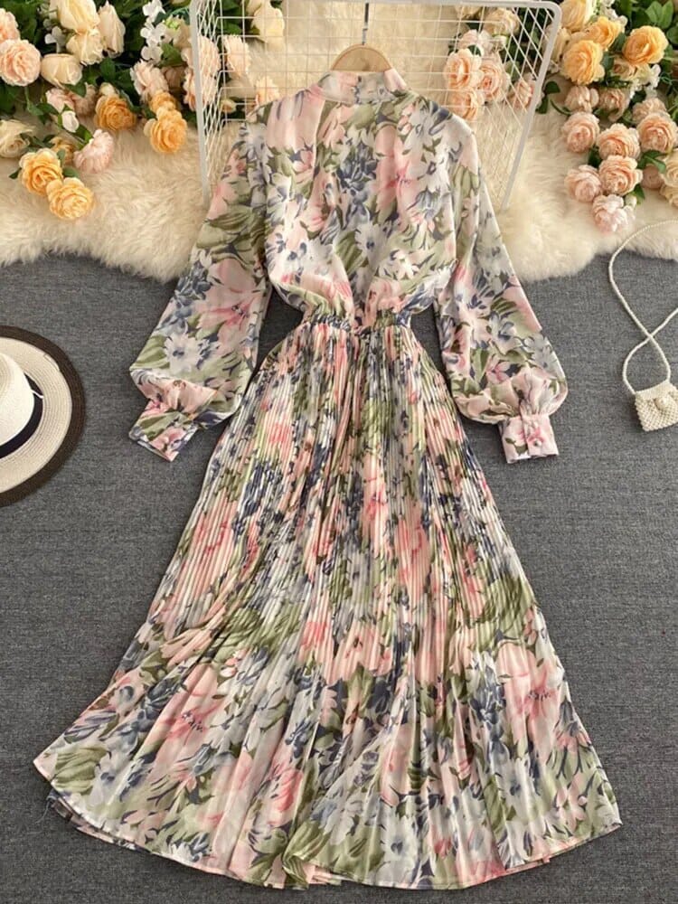 Women Floral Long Sleeve A Line Pleated Flare Cocktail Long Dress Dresses jehouze 