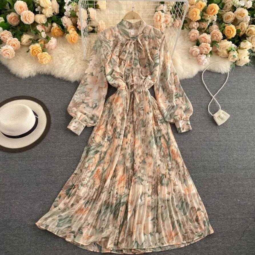 Women Floral Long Sleeve A Line Pleated Flare Cocktail Long Dress Dresses jehouze apricot ONE SIZE 
