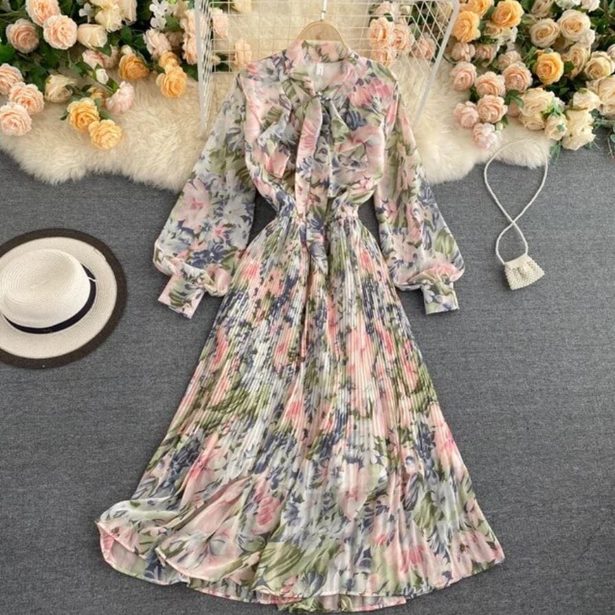 Women Floral Long Sleeve A Line Pleated Flare Cocktail Long Dress Dresses jehouze pink ONE SIZE 