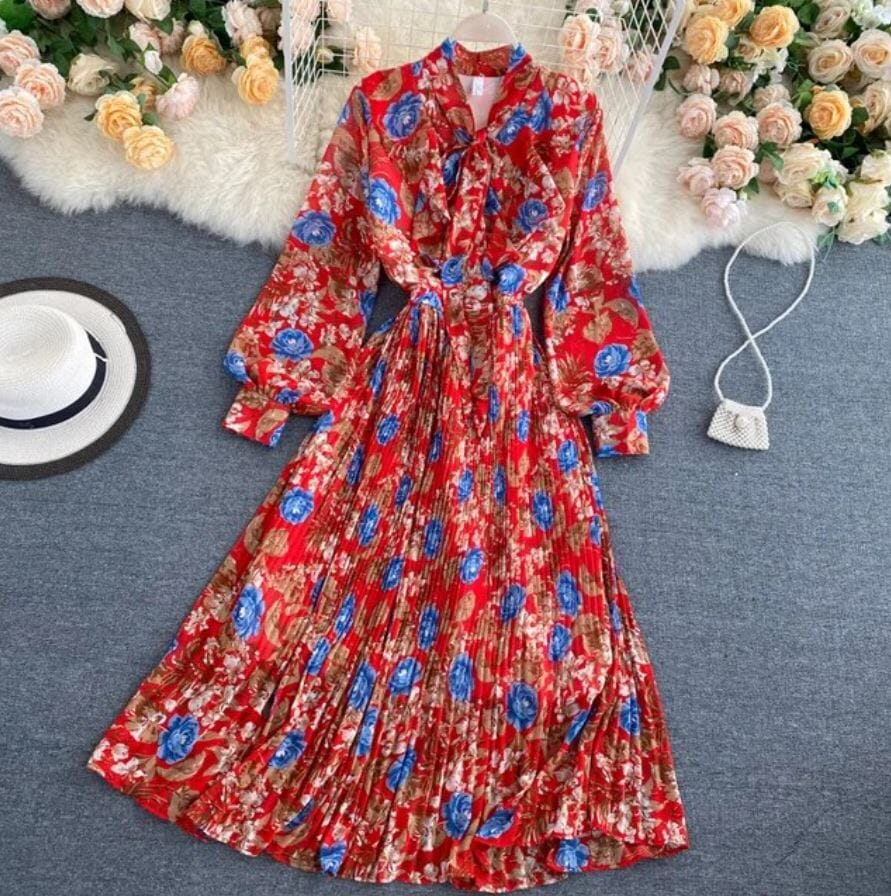 Women Floral Long Sleeve A Line Pleated Flare Cocktail Long Dress Dresses jehouze red ONE SIZE 