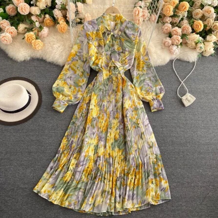 Women Floral Long Sleeve A Line Pleated Flare Cocktail Long Dress Dresses jehouze yellow ONE SIZE 