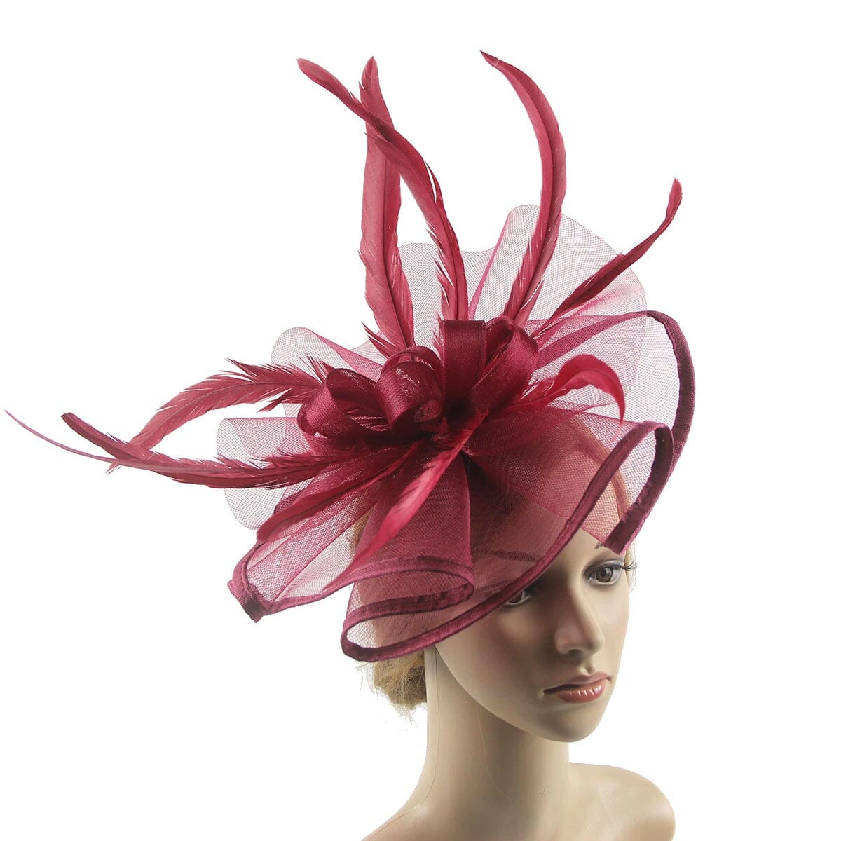 Women Girl Lady Fascinators Hat Church Wedding Party Feather Clip Headwear_ Hat jehouze Burgundy 