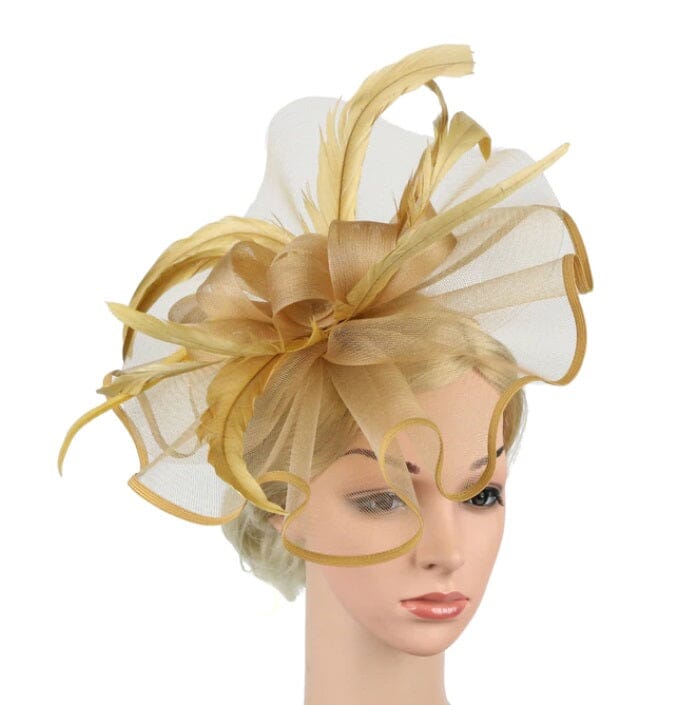 Women Girl Lady Fascinators Hat Church Wedding Party Feather Clip Headwear_ Hat jehouze Gold 