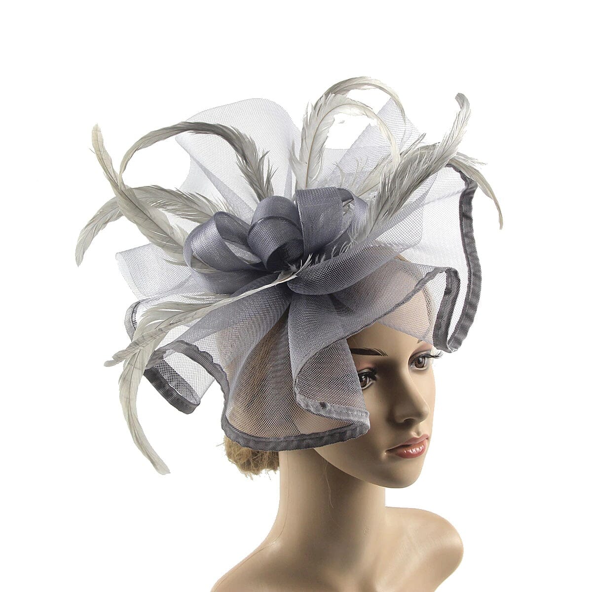 Women Girl Lady Fascinators Hat Church Wedding Party Feather Clip Headwear_ Hat jehouze Grey 