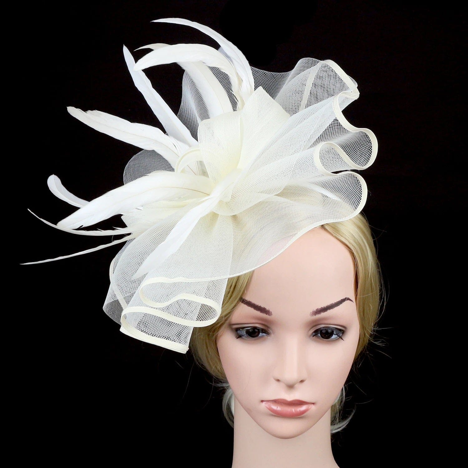 Women Girl Lady Fascinators Hat Church Wedding Party Feather Clip Headwear_ Hat jehouze Ivory White 