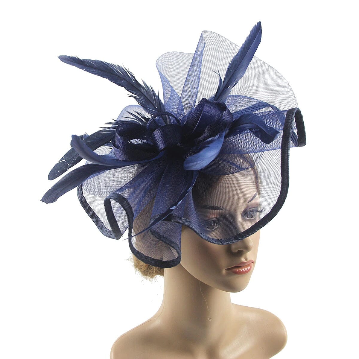 Women Girl Lady Fascinators Hat Church Wedding Party Feather Clip Headwear_ Hat jehouze Navy Blue 