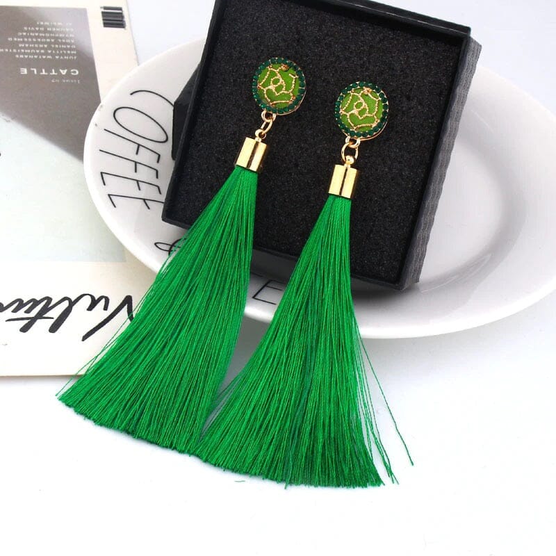 Women Girl Teen Bohemian Crystal Long Tassel Dangle Earrings Fashion Jewelry_ Jewelry jehouze Green-A 