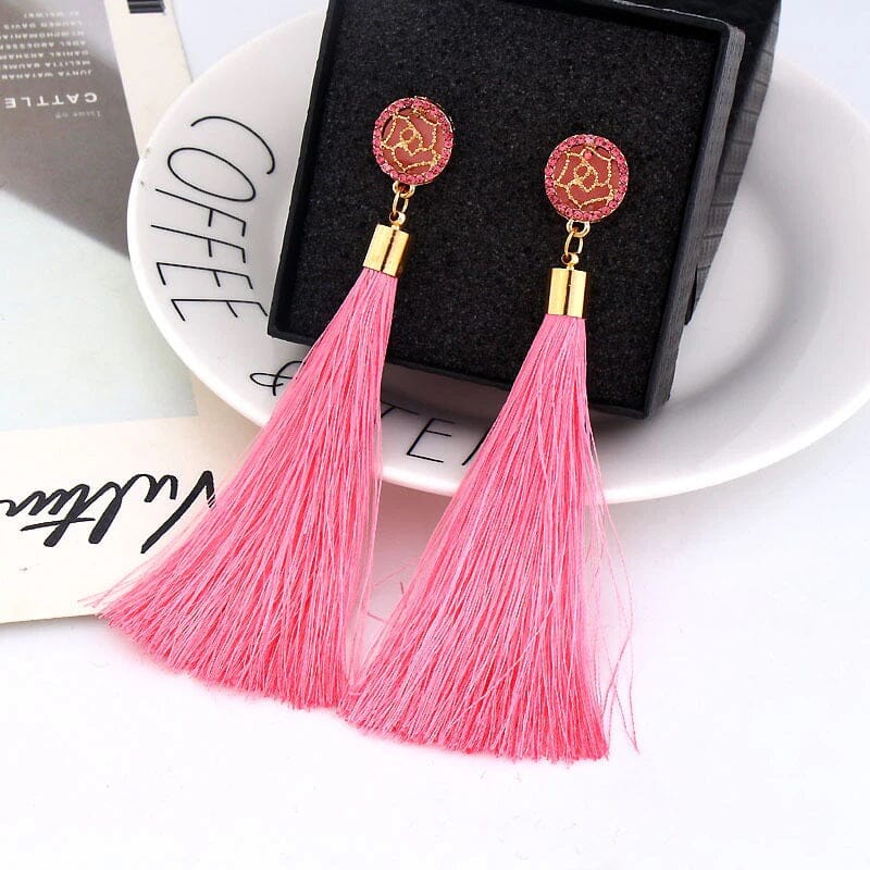 Women Girl Teen Bohemian Crystal Long Tassel Dangle Earrings Fashion Jewelry_ Jewelry jehouze Pink-A 