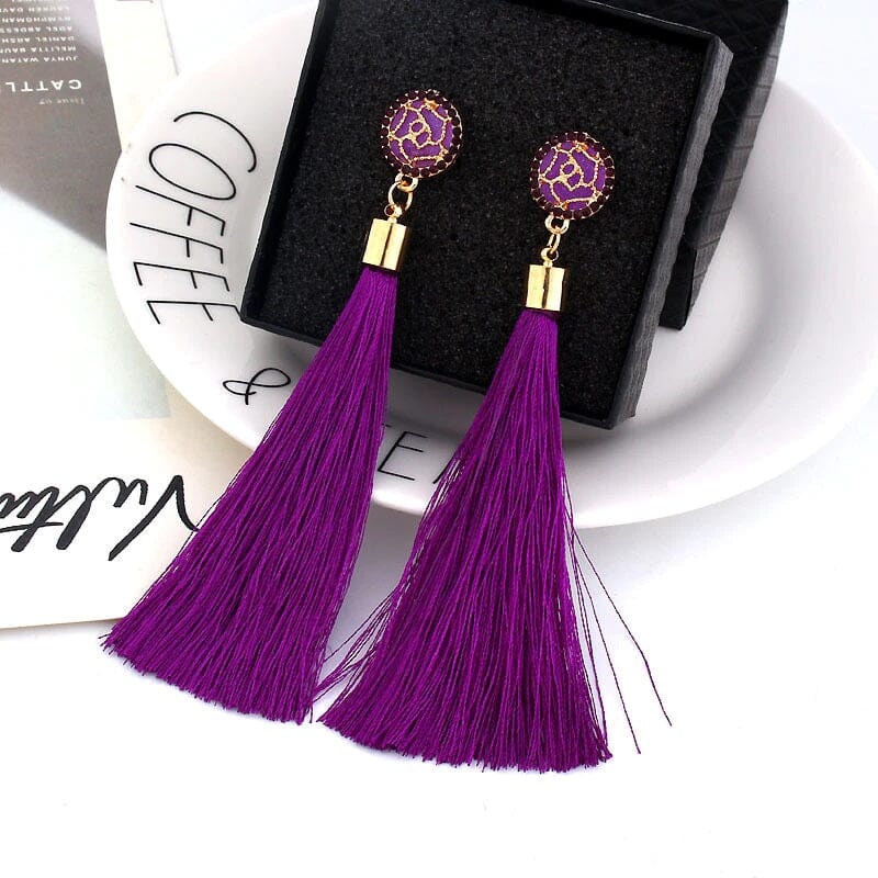 Women Girl Teen Bohemian Crystal Long Tassel Dangle Earrings Fashion Jewelry_ Jewelry jehouze Purple-A 