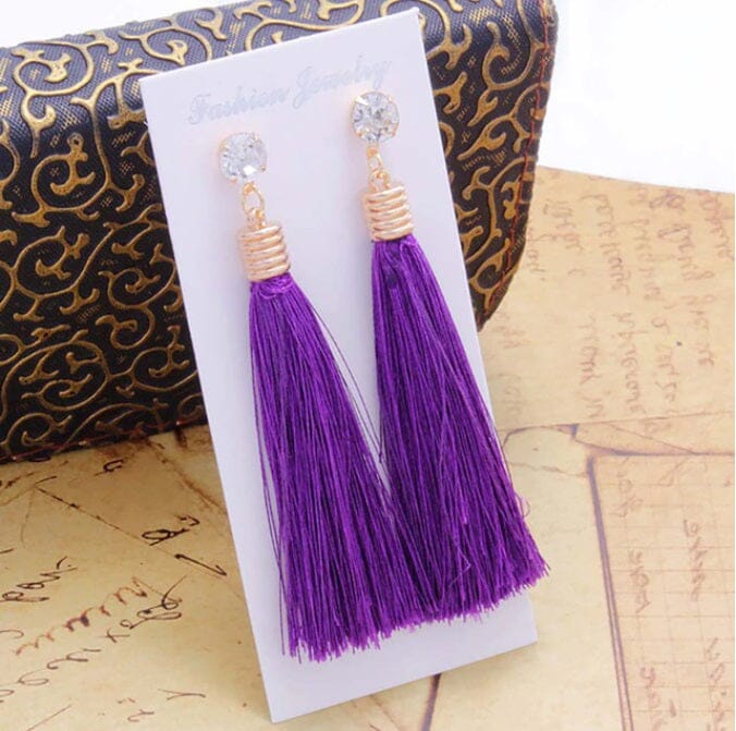 Women Girl Teen Bohemian Crystal Long Tassel Dangle Earrings Fashion Jewelry_ Jewelry jehouze Purple-B 