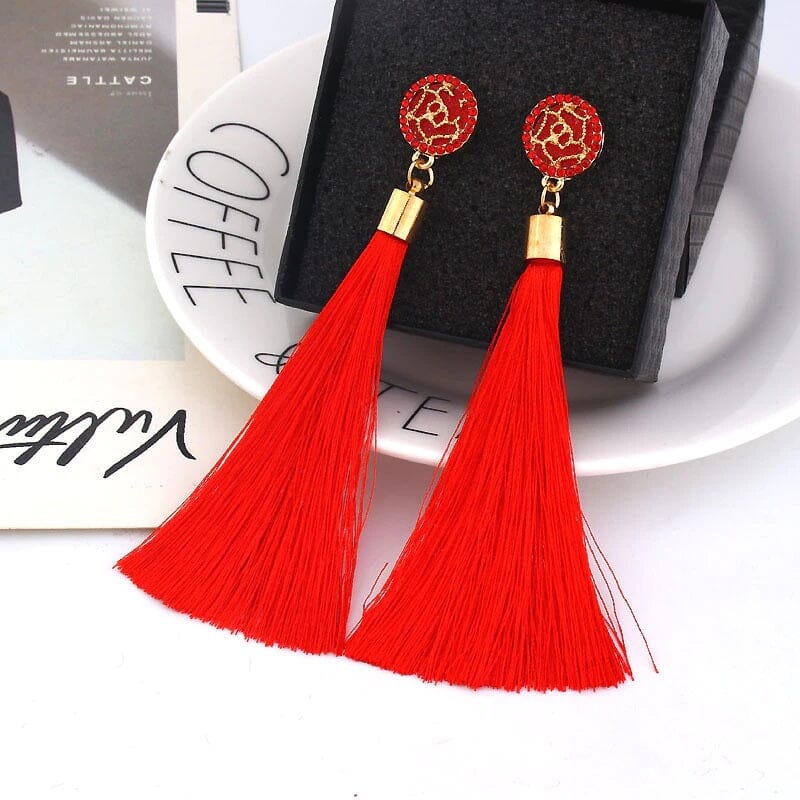 Women Girl Teen Bohemian Crystal Long Tassel Dangle Earrings Fashion Jewelry_ Jewelry jehouze Red-A 