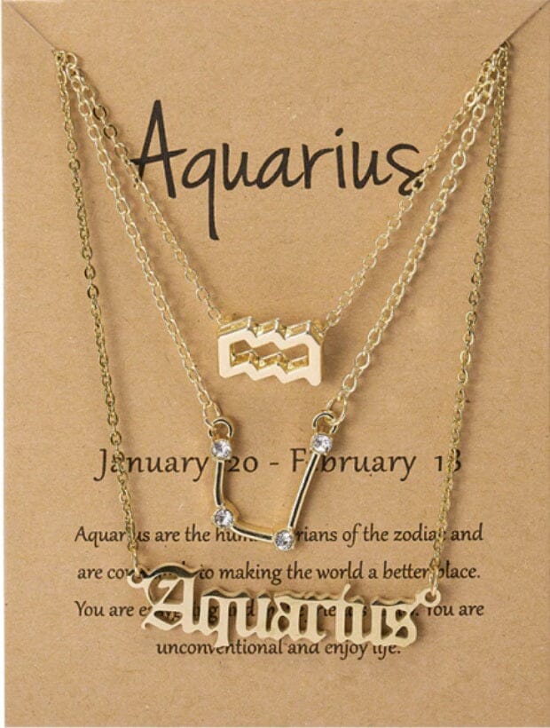 Women Girls 3 pcs Zodiac 12 Constellation Sign Pendant Astrology Necklace Set_ Jewelry jehouze Gold Aquarius 