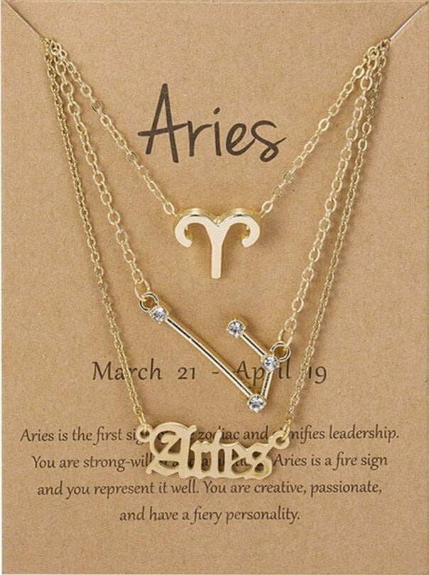 Women Girls 3 pcs Zodiac 12 Constellation Sign Pendant Astrology Necklace Set_ Jewelry jehouze Gold Aries 