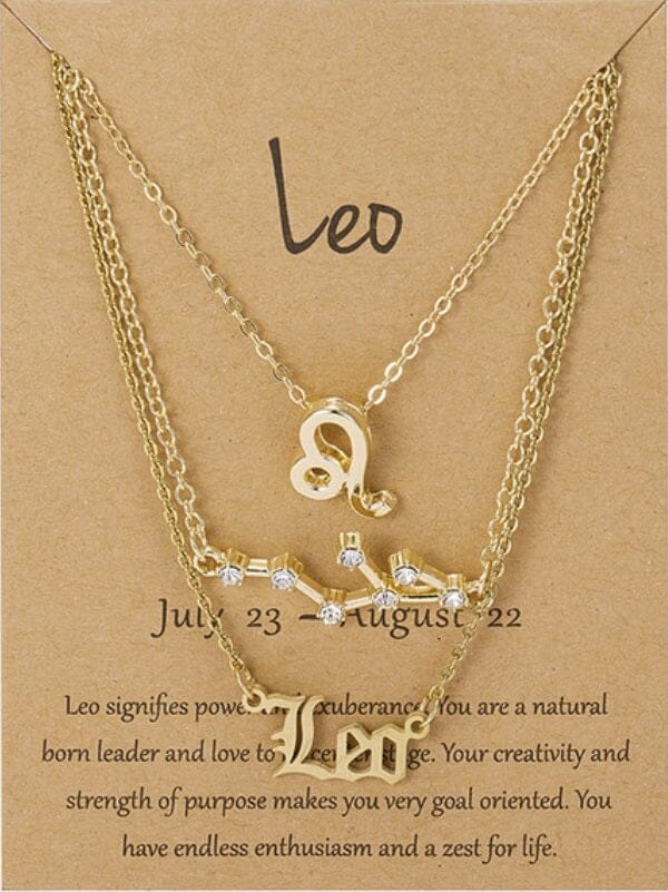 Women Girls 3 pcs Zodiac 12 Constellation Sign Pendant Astrology Necklace Set_ Jewelry jehouze Gold Leo 