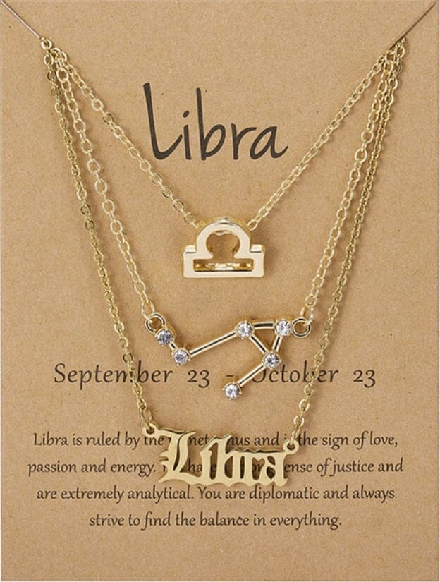 Women Girls 3 pcs Zodiac 12 Constellation Sign Pendant Astrology Necklace Set_ Jewelry jehouze Gold Libra 