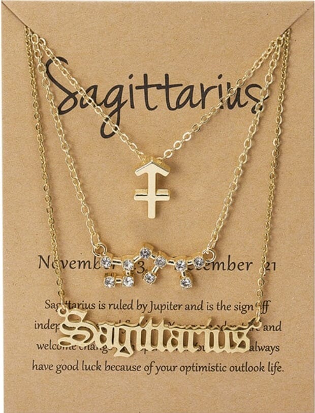 Women Girls 3 pcs Zodiac 12 Constellation Sign Pendant Astrology Necklace Set_ Jewelry jehouze Gold Sagittarius 