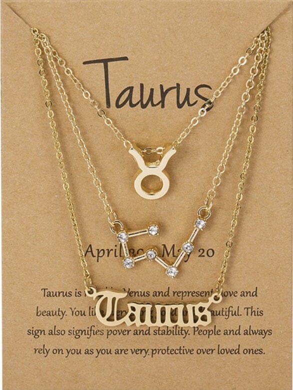 Women Girls 3 pcs Zodiac 12 Constellation Sign Pendant Astrology Necklace Set_ Jewelry jehouze Gold Taurus 