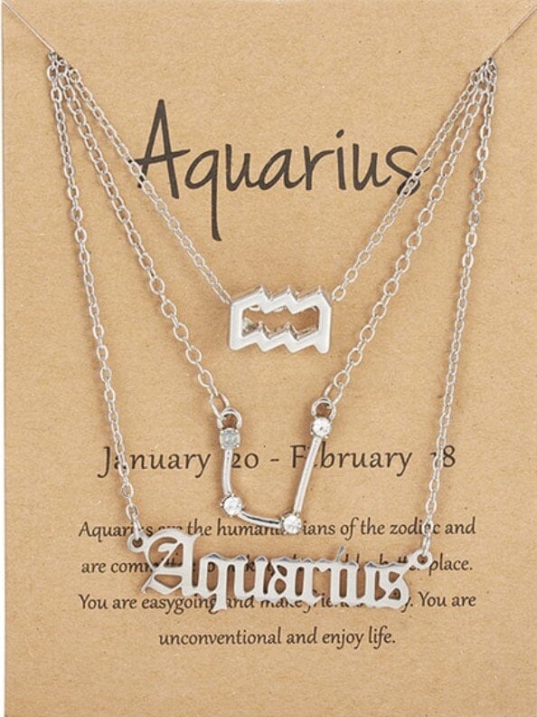 Women Girls 3 pcs Zodiac 12 Constellation Sign Pendant Astrology Necklace Set_ Jewelry jehouze SIlver Aquarius 