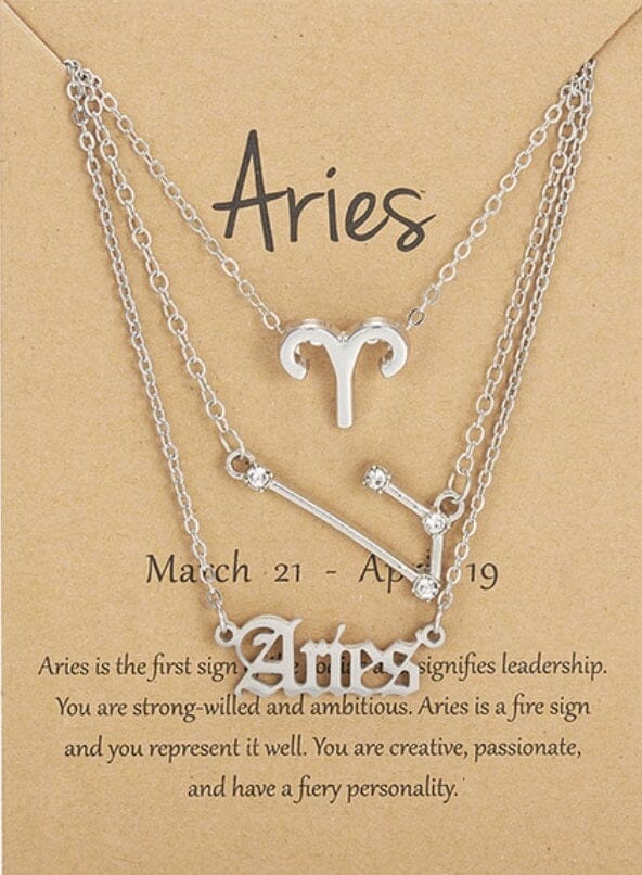 Women Girls 3 pcs Zodiac 12 Constellation Sign Pendant Astrology Necklace Set_ Jewelry jehouze SIlver Aries 