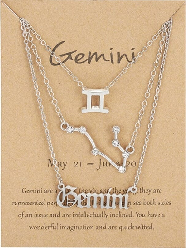 Women Girls 3 pcs Zodiac 12 Constellation Sign Pendant Astrology Necklace Set_ Jewelry jehouze SIlver Gemini 