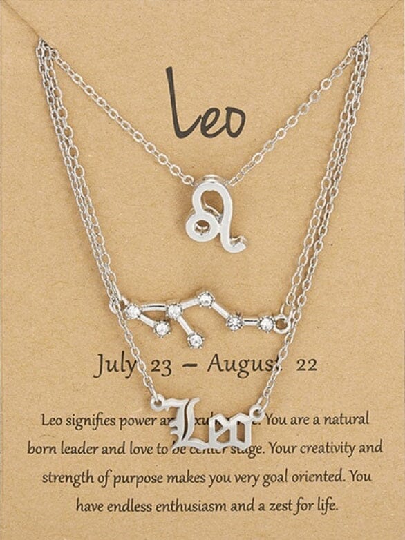 Women Girls 3 pcs Zodiac 12 Constellation Sign Pendant Astrology Necklace Set_ Jewelry jehouze SIlver Leo 