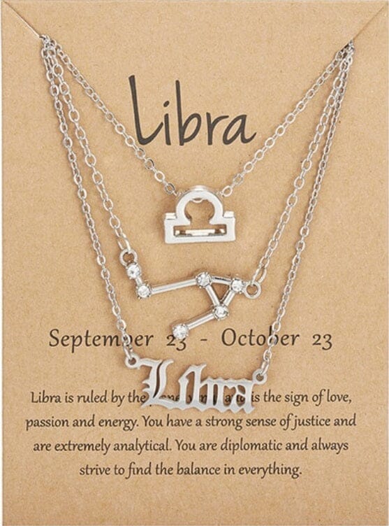 Women Girls 3 pcs Zodiac 12 Constellation Sign Pendant Astrology Necklace Set_ Jewelry jehouze SIlver Libra 