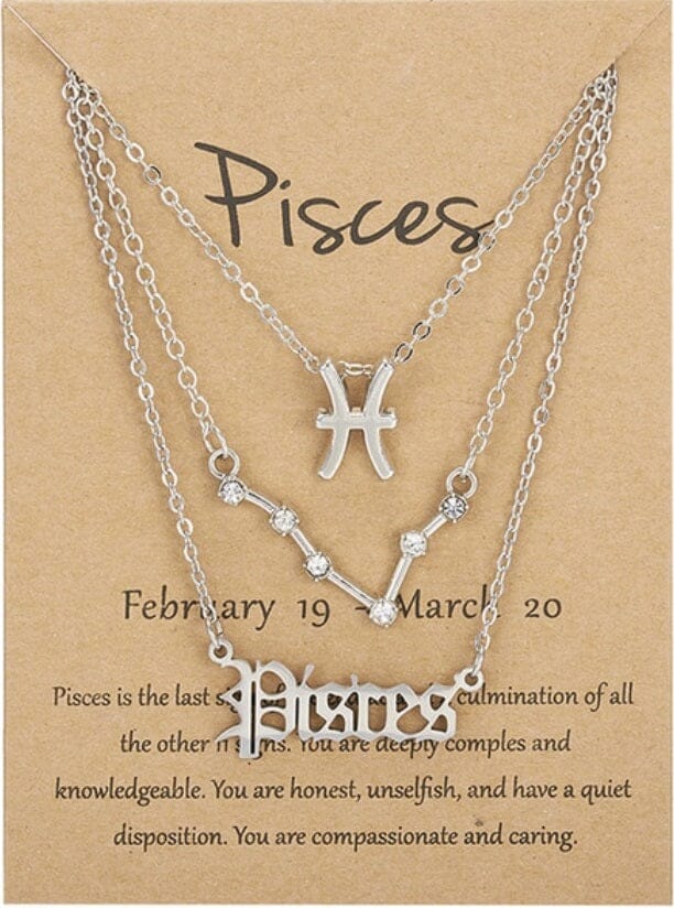 Women Girls 3 pcs Zodiac 12 Constellation Sign Pendant Astrology Necklace Set_ Jewelry jehouze SIlver Pisces 