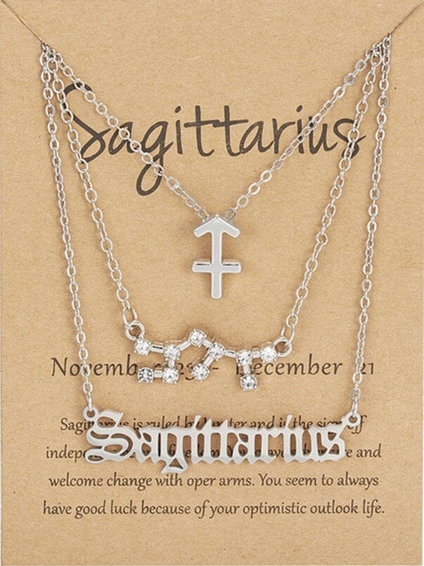 Women Girls 3 pcs Zodiac 12 Constellation Sign Pendant Astrology Necklace Set_ Jewelry jehouze SIlver Sagittarius 