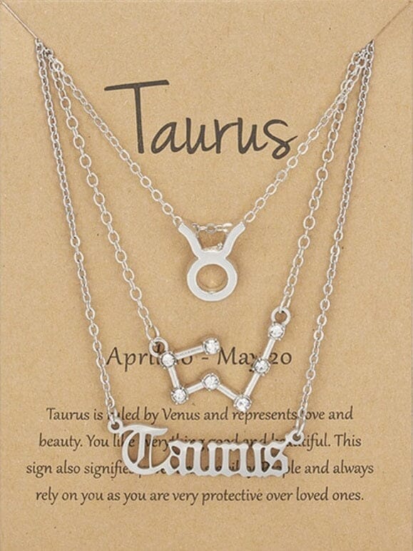 Women Girls 3 pcs Zodiac 12 Constellation Sign Pendant Astrology Necklace Set_ Jewelry jehouze SIlver Taurus 
