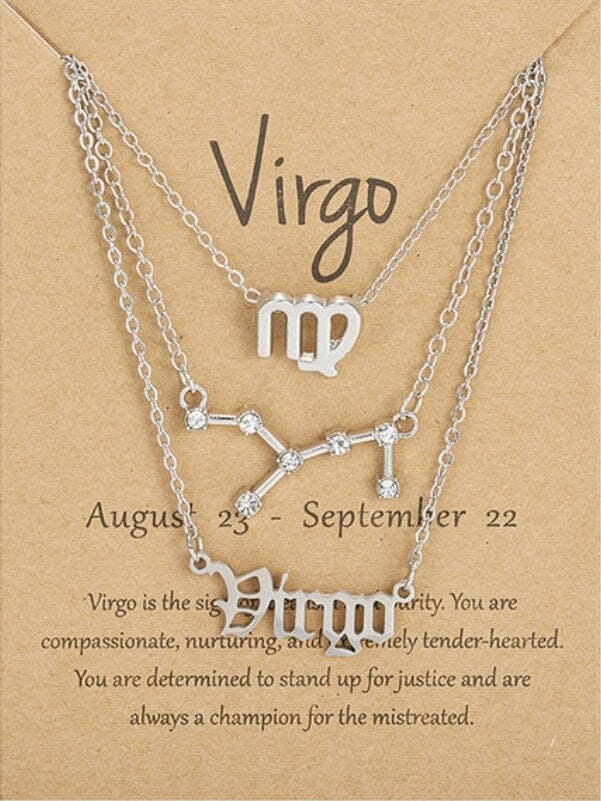 Women Girls 3 pcs Zodiac 12 Constellation Sign Pendant Astrology Necklace Set_ Jewelry jehouze SIlver Virgo 