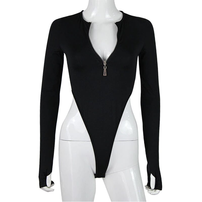 Women Black Sheer Mesh Long Sleeve Clubwear Bodysuits Top_