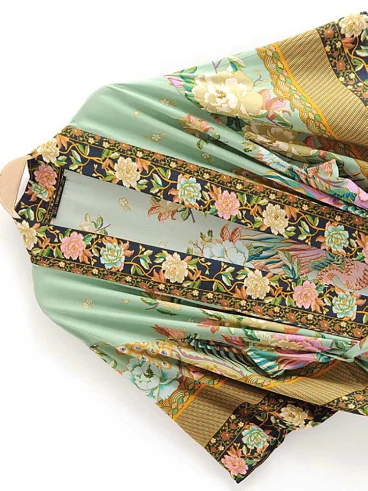 Women Kimono Vintage Floral Print Beach Cover Up Long Cardigan_ jehouze 