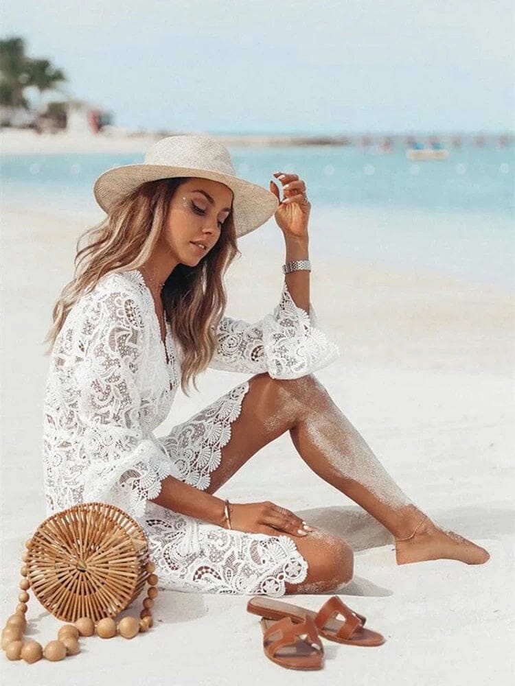 Women Lace Deep V Neck See Through Elastic Waist Summer Long Sleeve Beach Cover Up Dress_ jehouze 