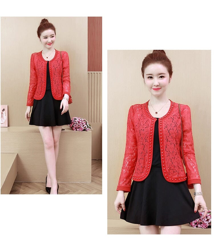 Women Lace Long Sleeve Open Front Bead Cover Up Cardigan Coats & Jackets jehouze 