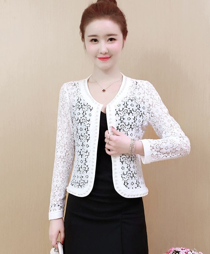 Women Lace Long Sleeve Open Front Bead Cover Up Cardigan Coats & Jackets jehouze 