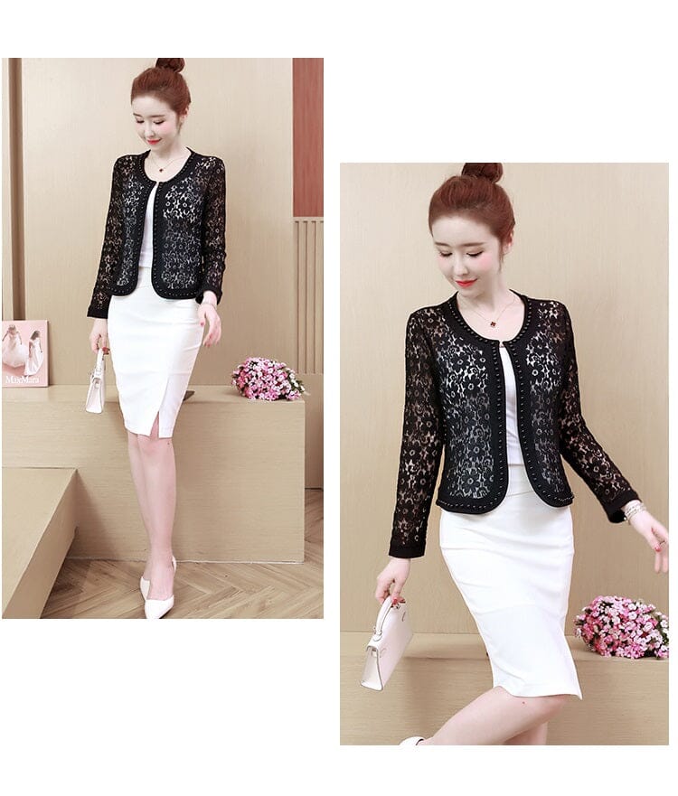 Women Lace Long Sleeve Open Front Bead Cover Up Cardigan Coats & Jackets jehouze 